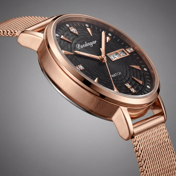 Reloj Poedagar Oro Rosa y Negro Malla