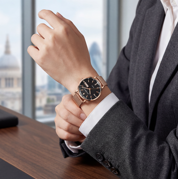 Reloj Poedagar Oro Rosa y Negro Malla