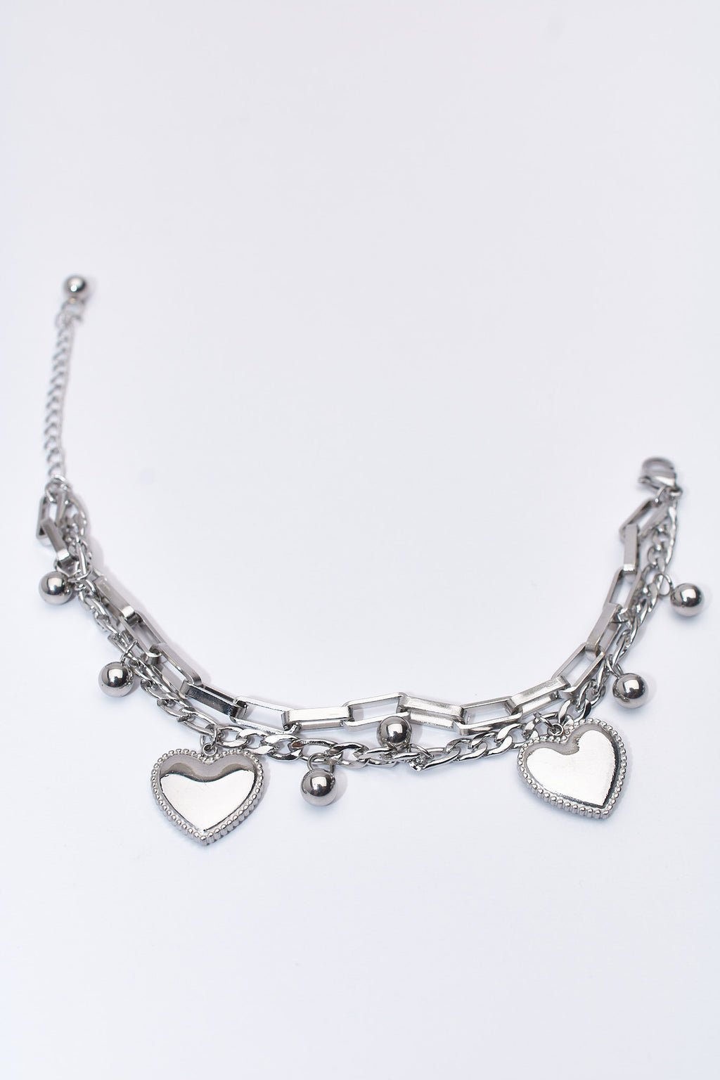 Pulsera doble capa corazones y bolitas — acero inoxidable plateado