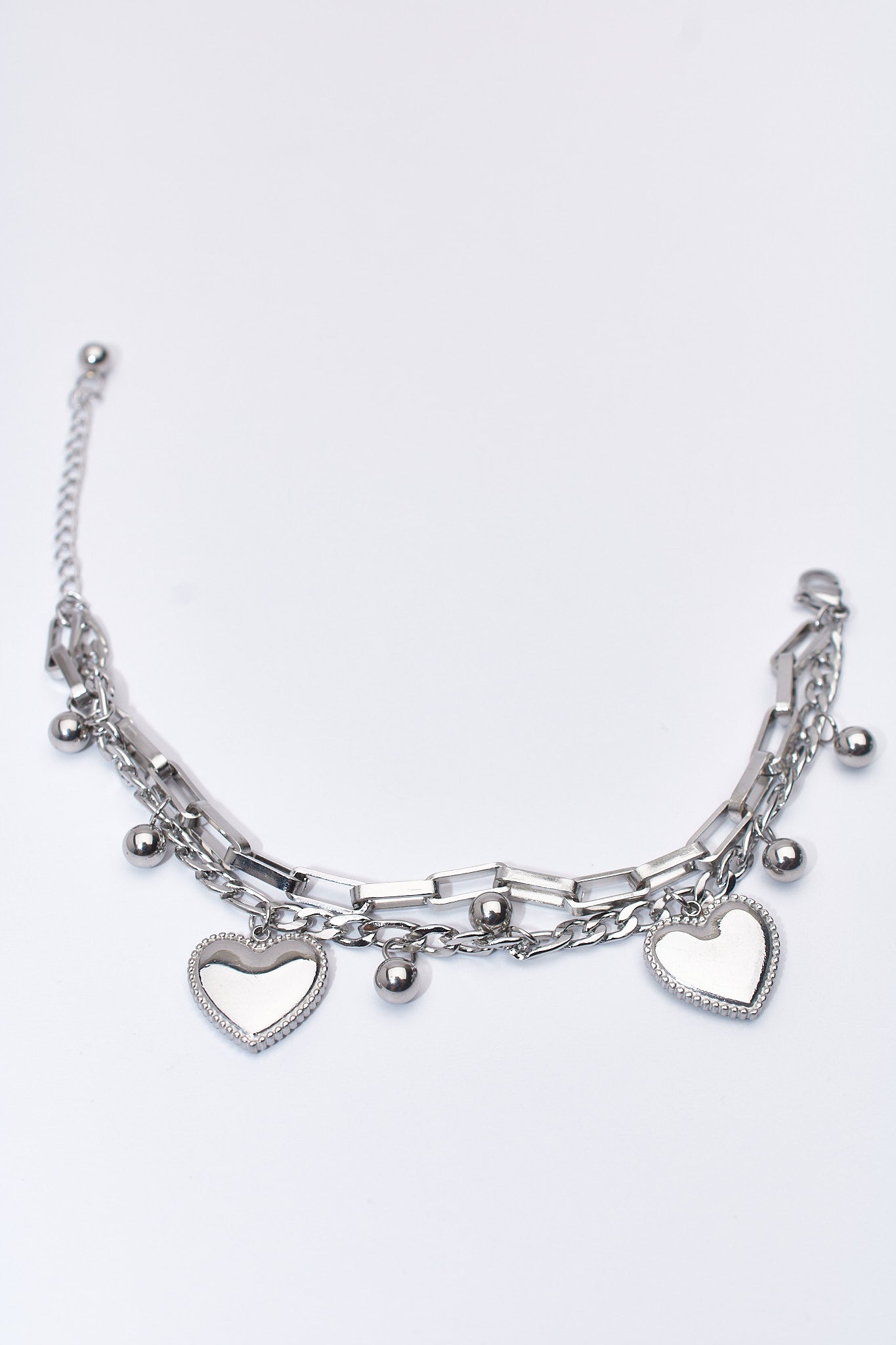 Pulsera doble capa corazones y bolitas — acero inoxidable plateado