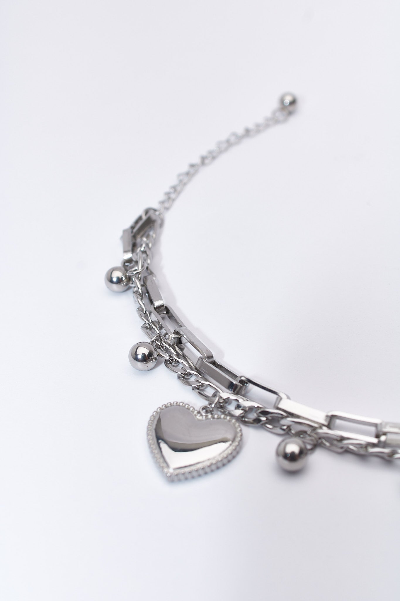 Pulsera doble capa corazones y bolitas — acero inoxidable plateado