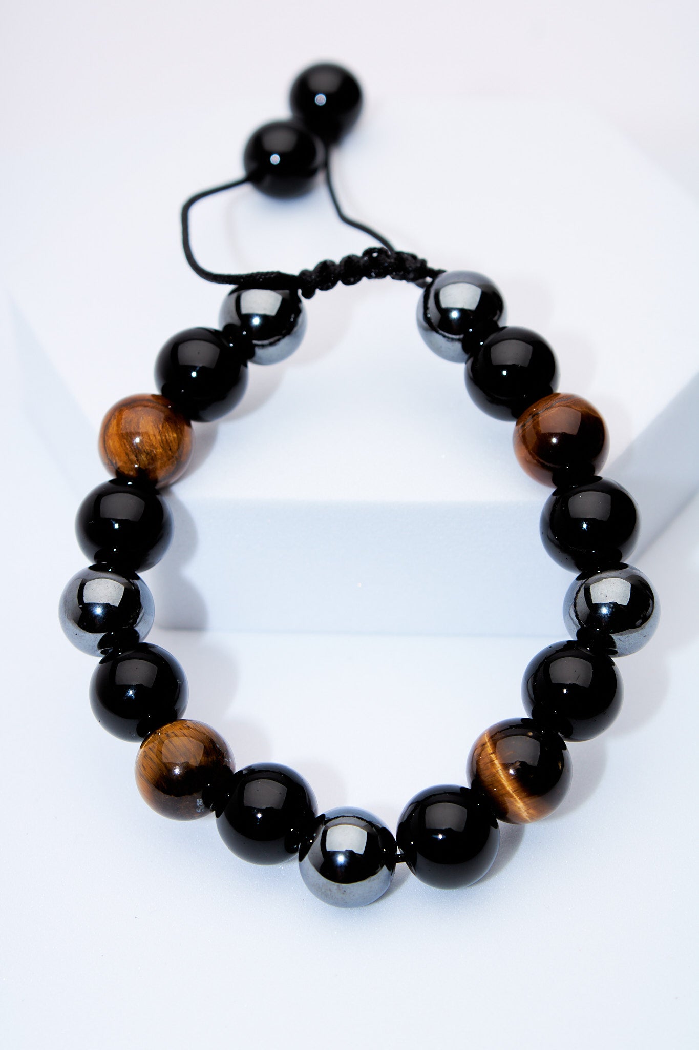 Pulsera ajustable ojo de tigre, ónix y hematita