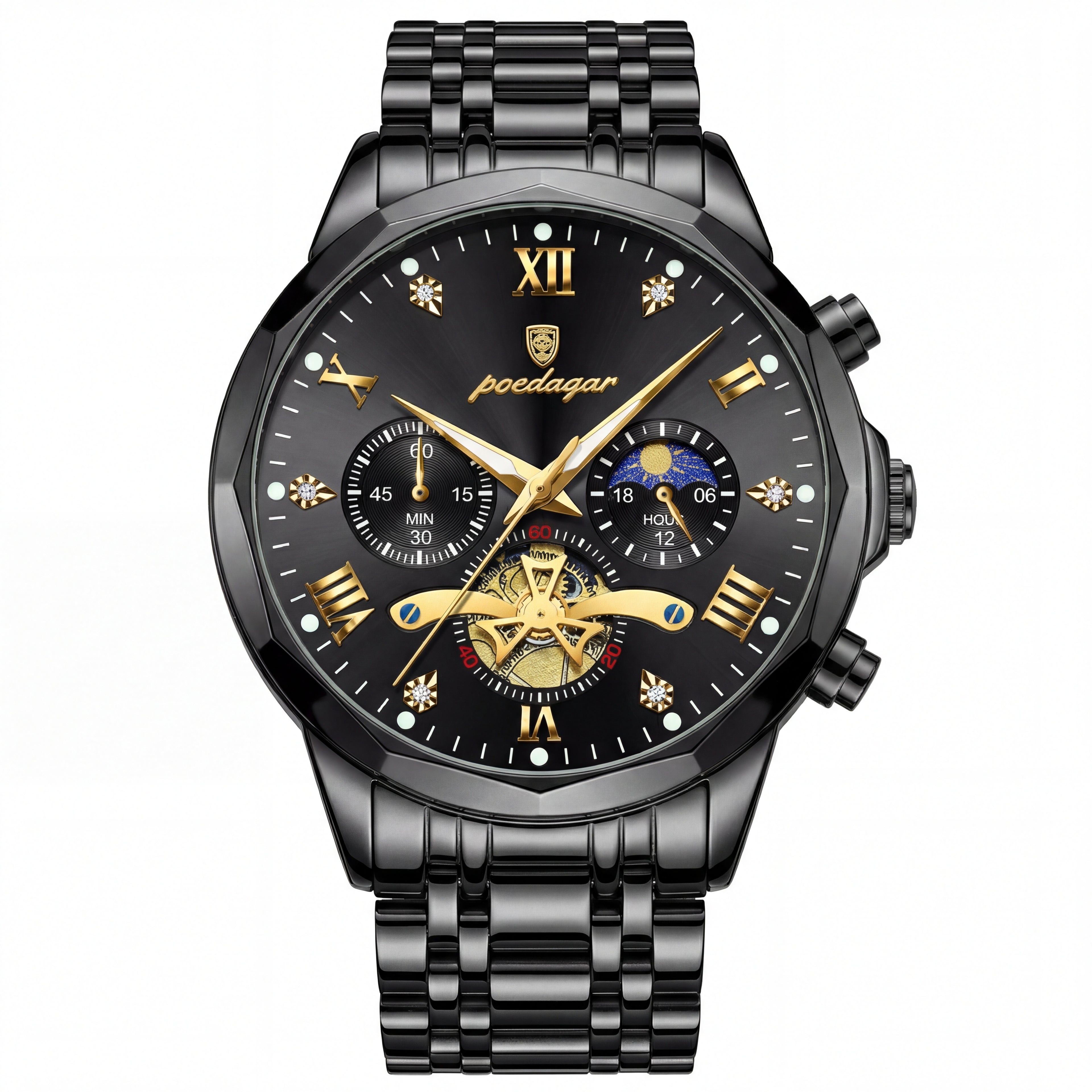 Poedagar Multifunction Watch Black and Gold