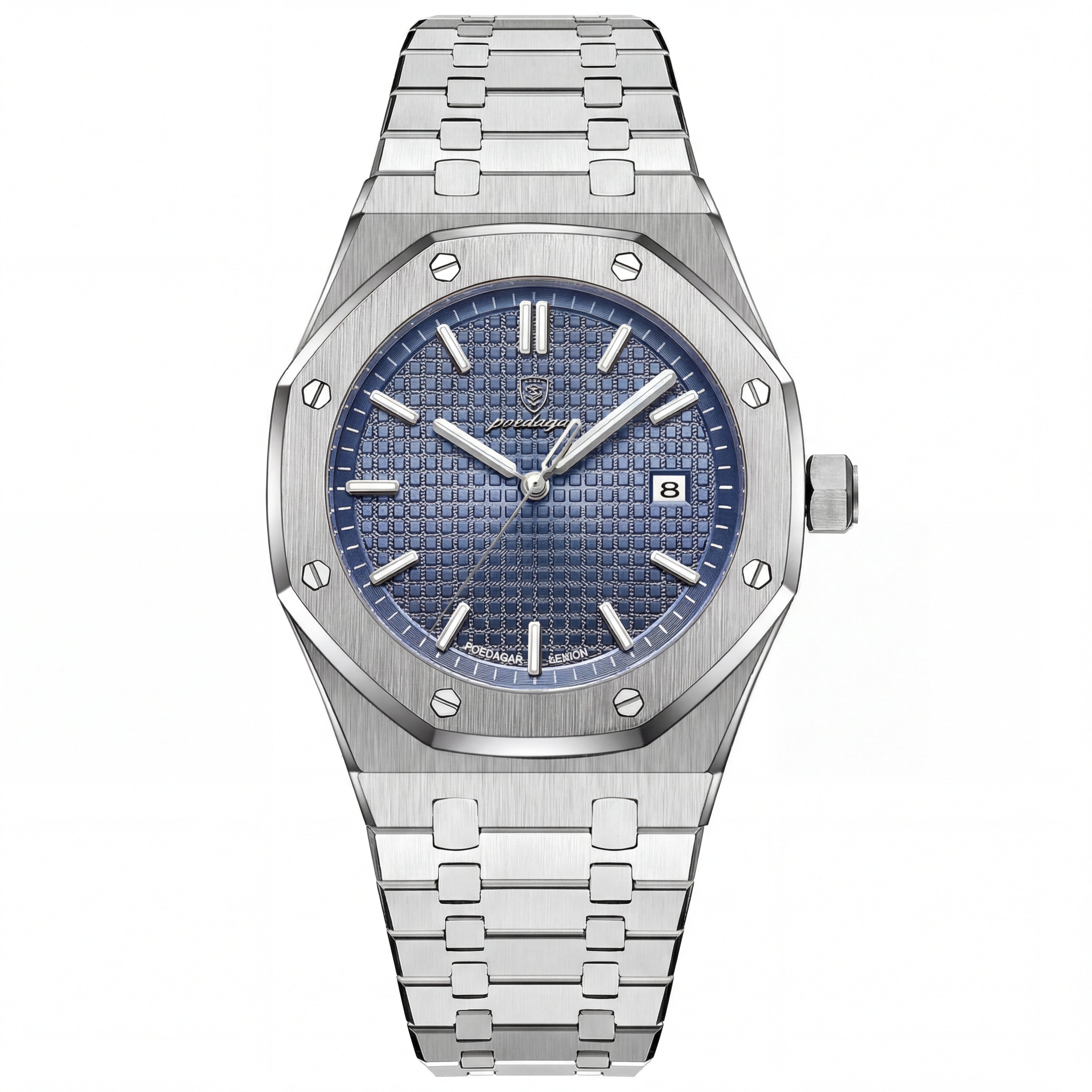 Poedagar Steel Watch with Blue Dial and Grid