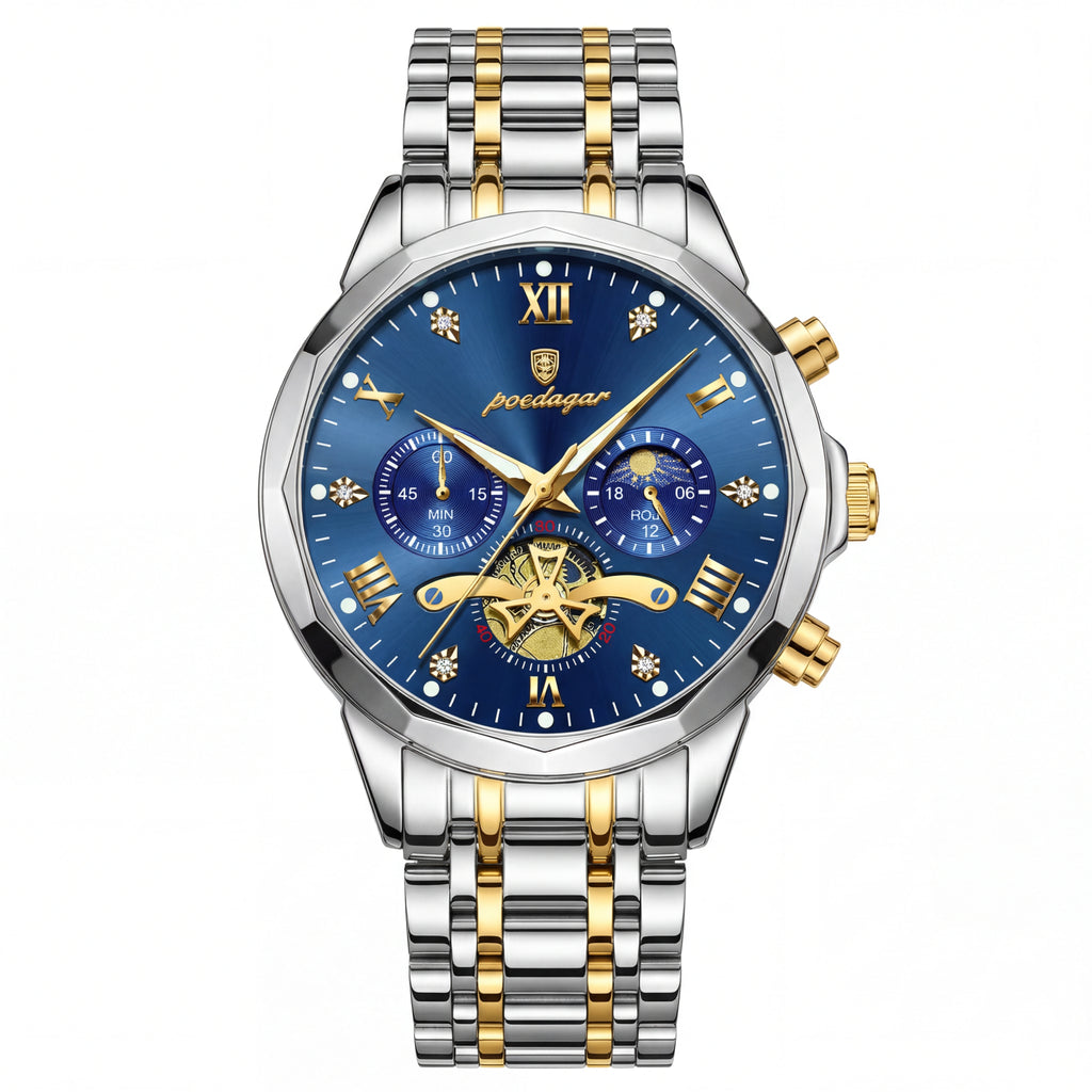 Poedagar Two-Tone Watch with Blue Dial Multifunction