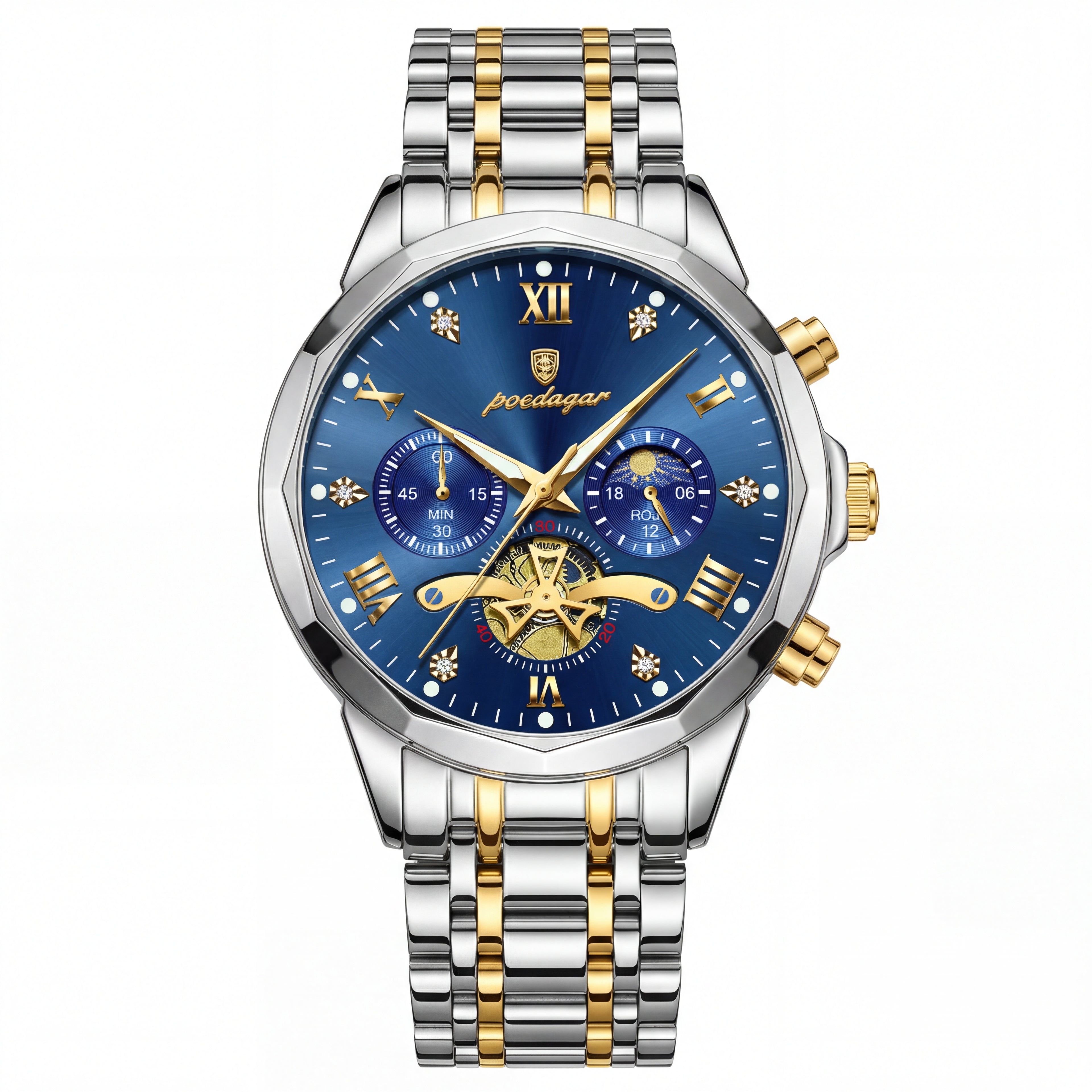 Poedagar Two-Tone Watch with Blue Dial Multifunction