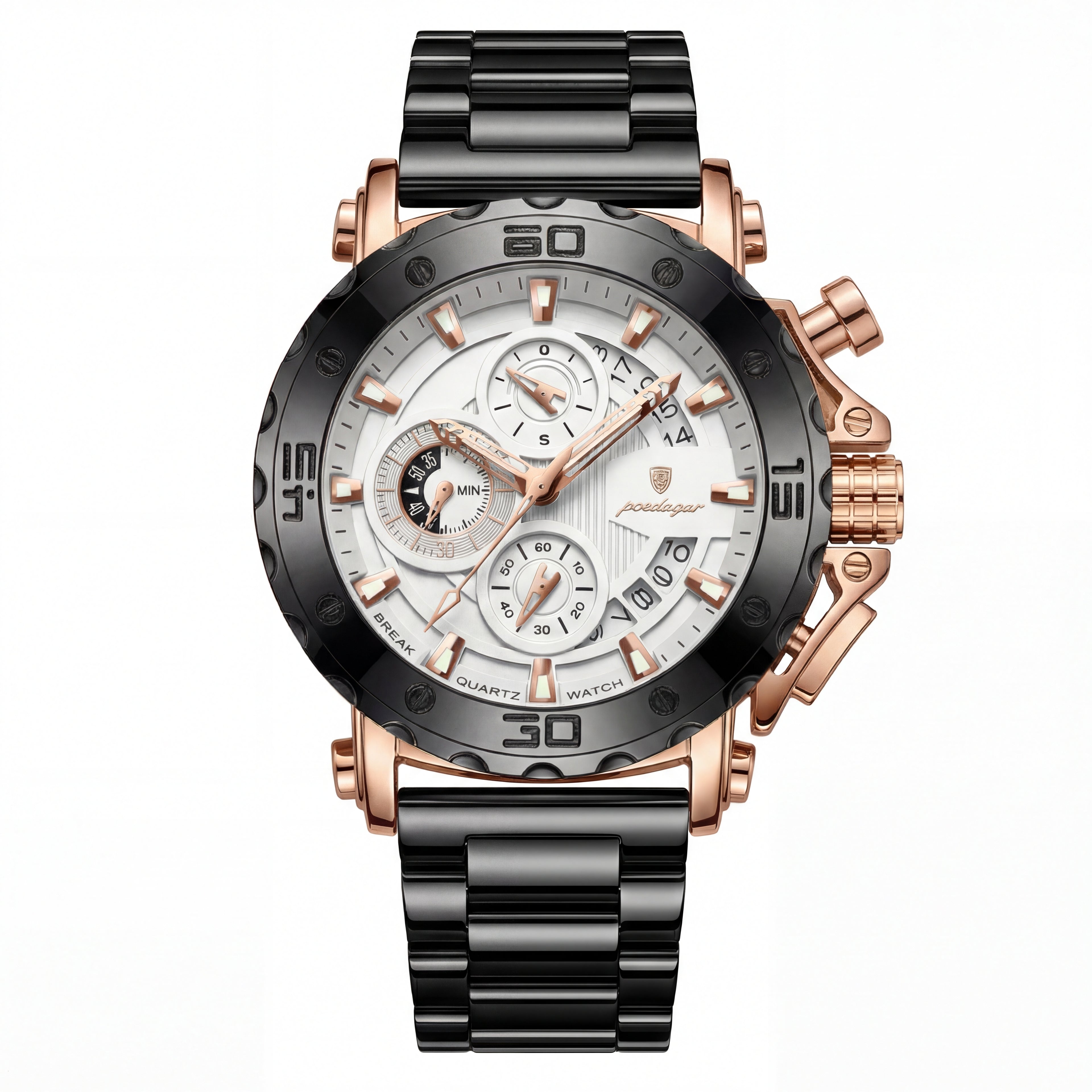 Poedagar Sports Chronograph Watch in Black and Rose Gold