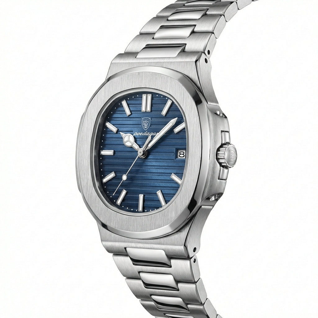 Poedagar Steel Watch Textured Blue Dial