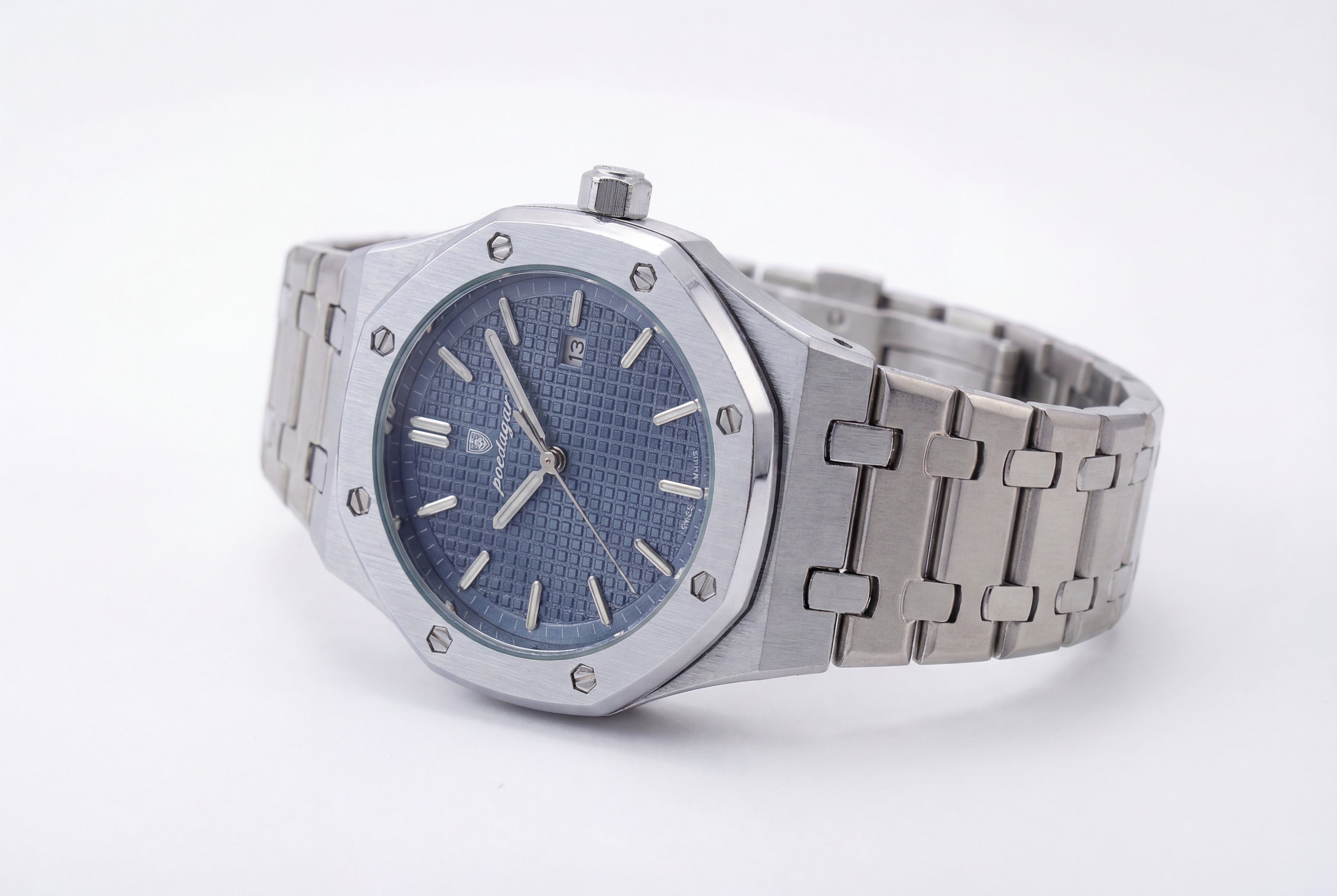 Poedagar Steel Watch with Blue Dial and Grid