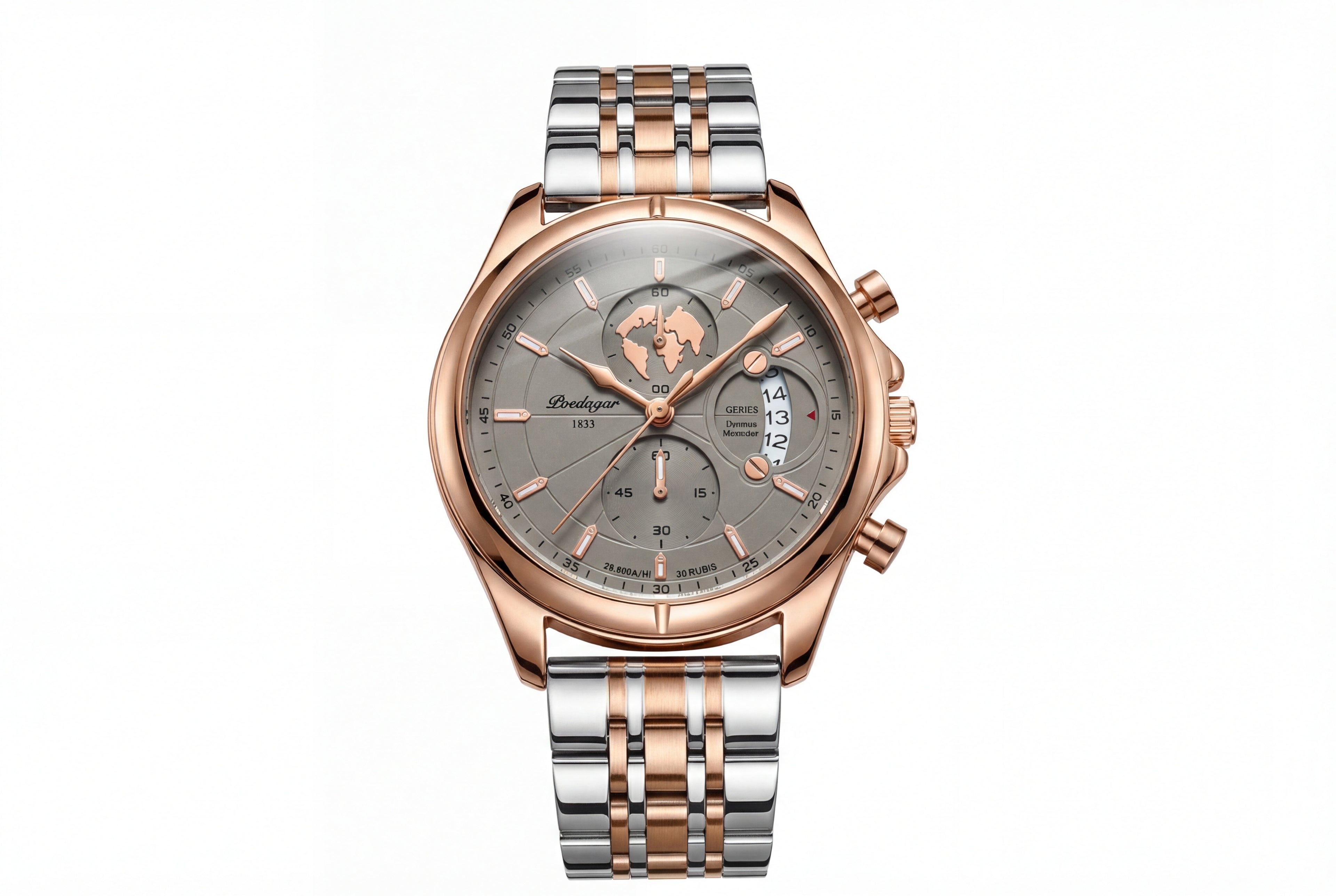 Poedagar Two-Tone Watch, Gray Dial with Map