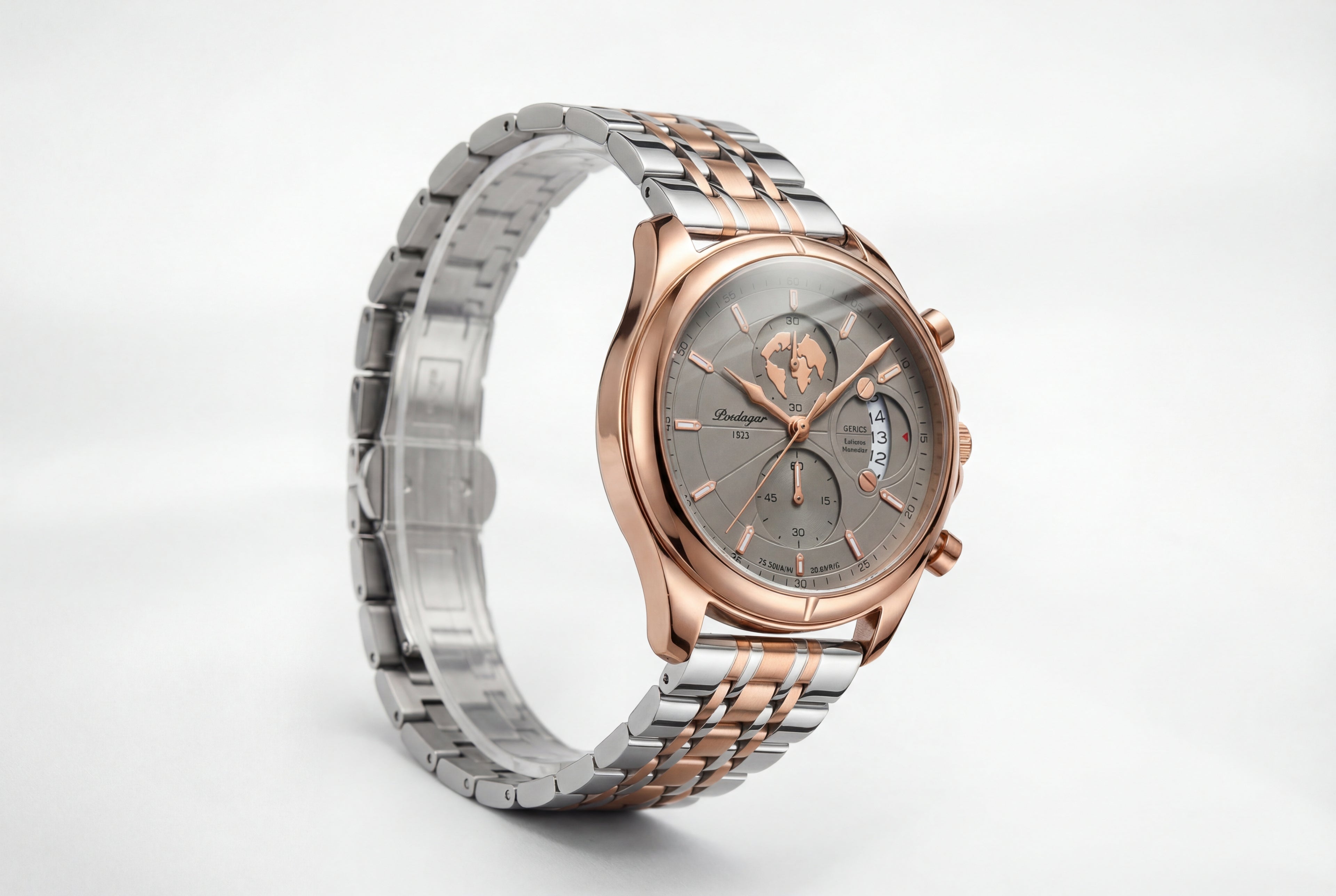 Poedagar Two-Tone Watch, Gray Dial with Map