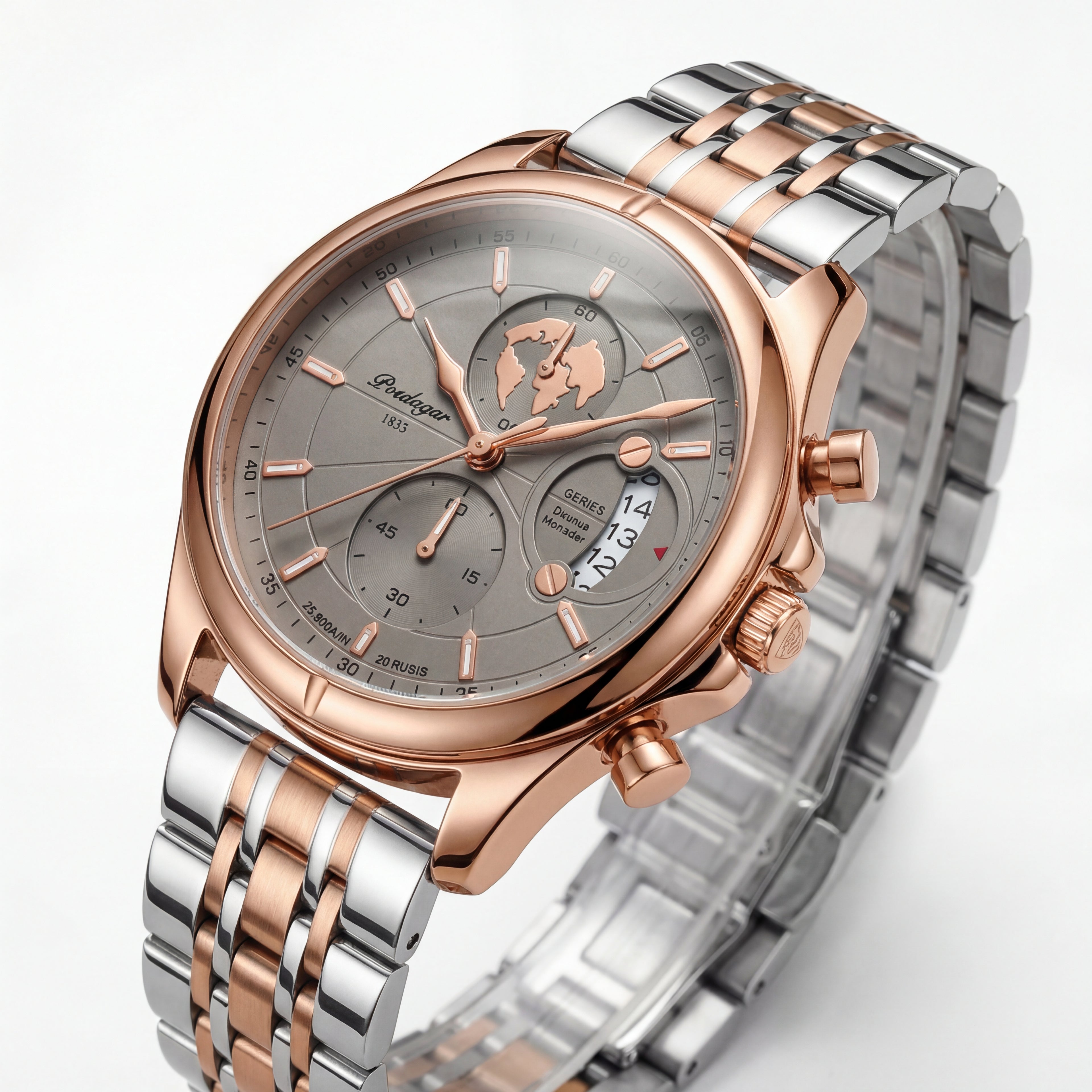 Poedagar Two-Tone Watch, Gray Dial with Map