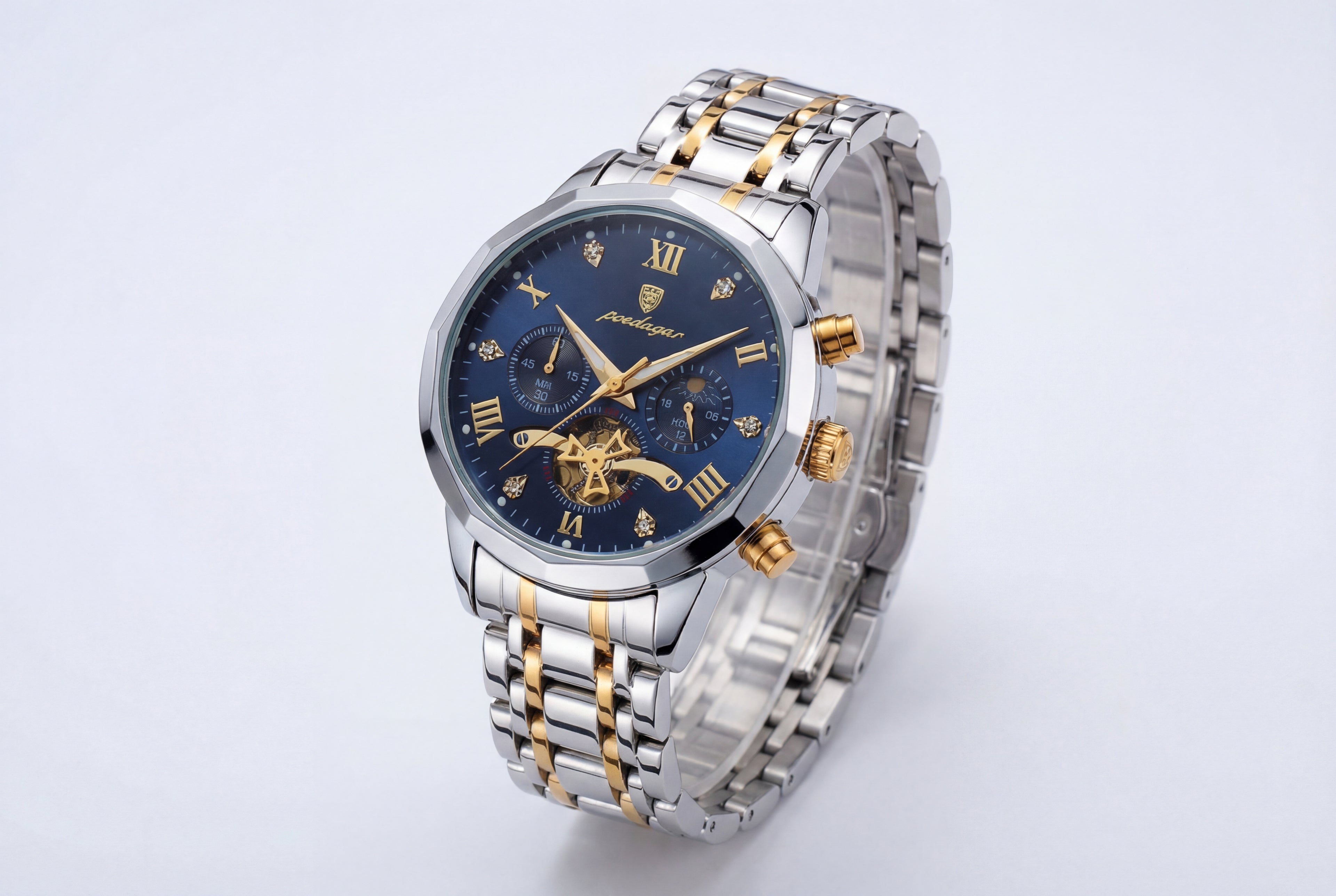 Poedagar Two-Tone Watch with Blue Dial Multifunction
