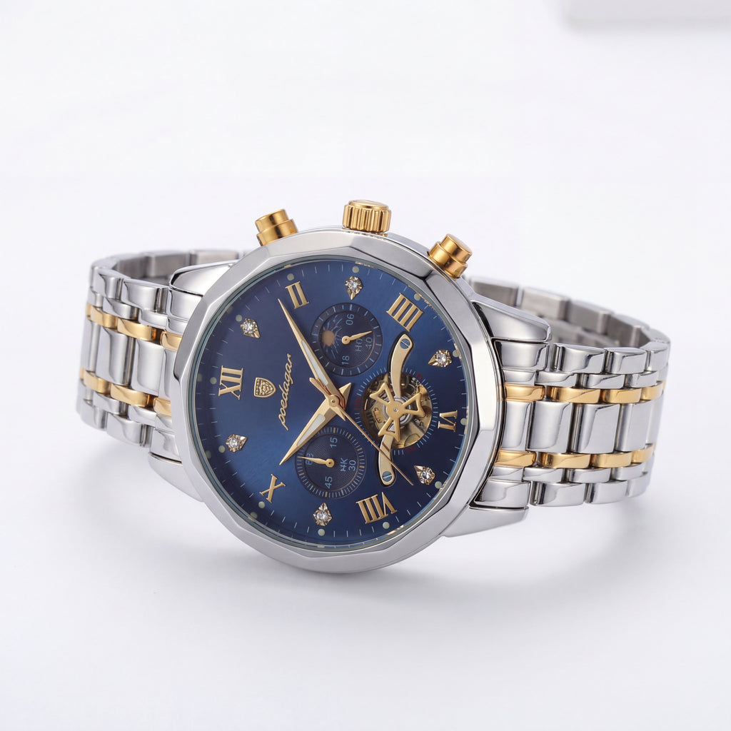 Poedagar Two-Tone Watch with Blue Dial Multifunction