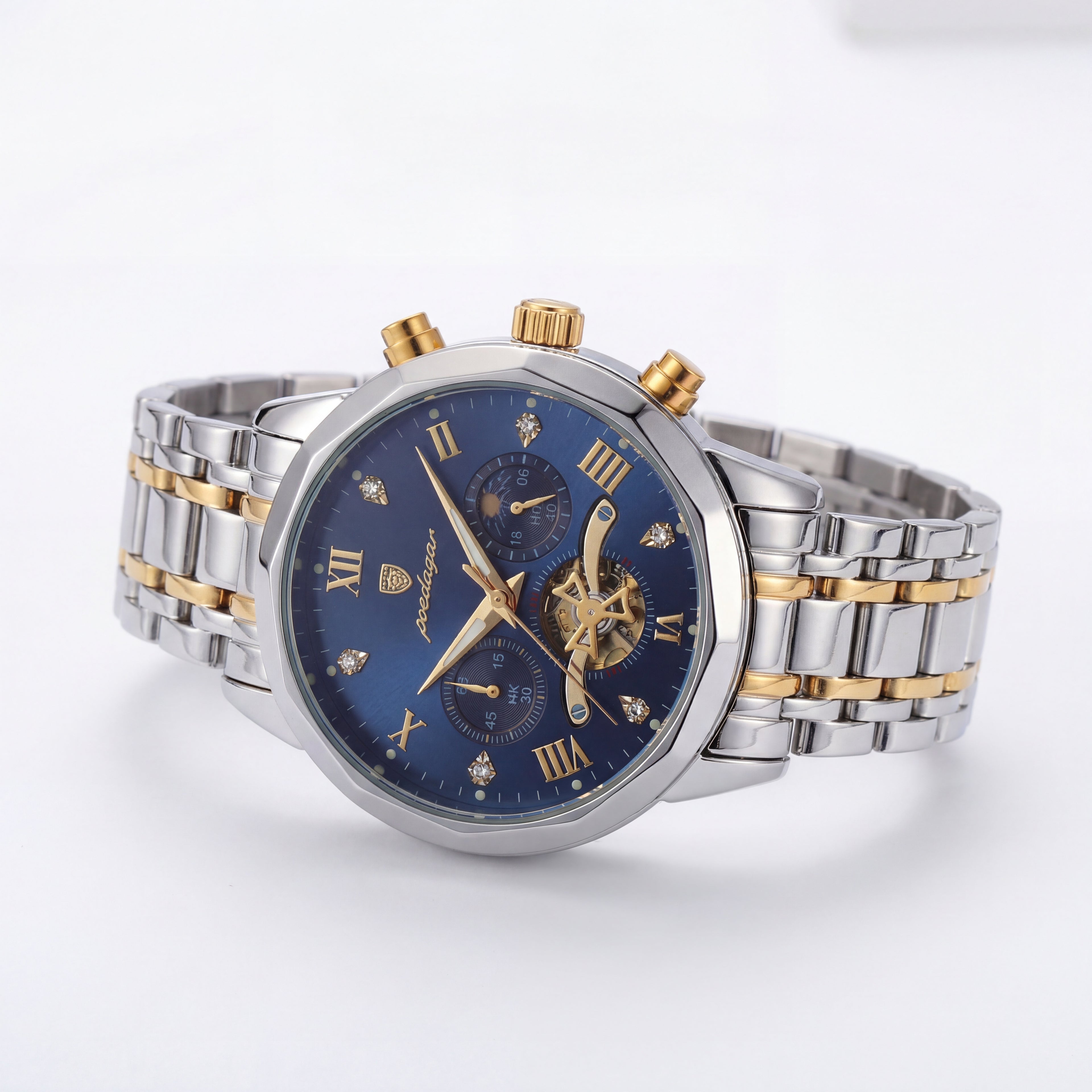 Poedagar Two-Tone Watch with Blue Dial Multifunction