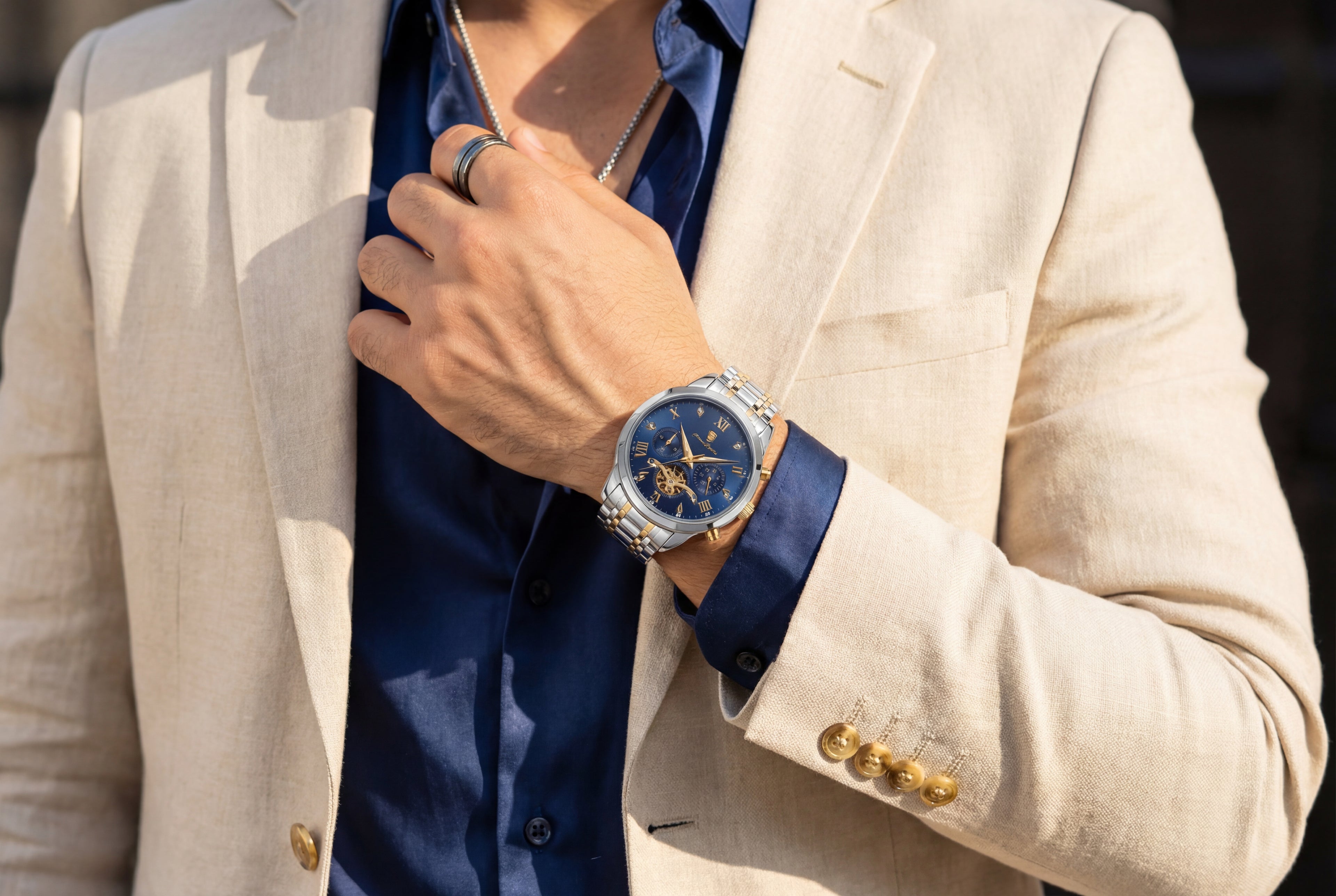 Poedagar Two-Tone Watch with Blue Dial Multifunction