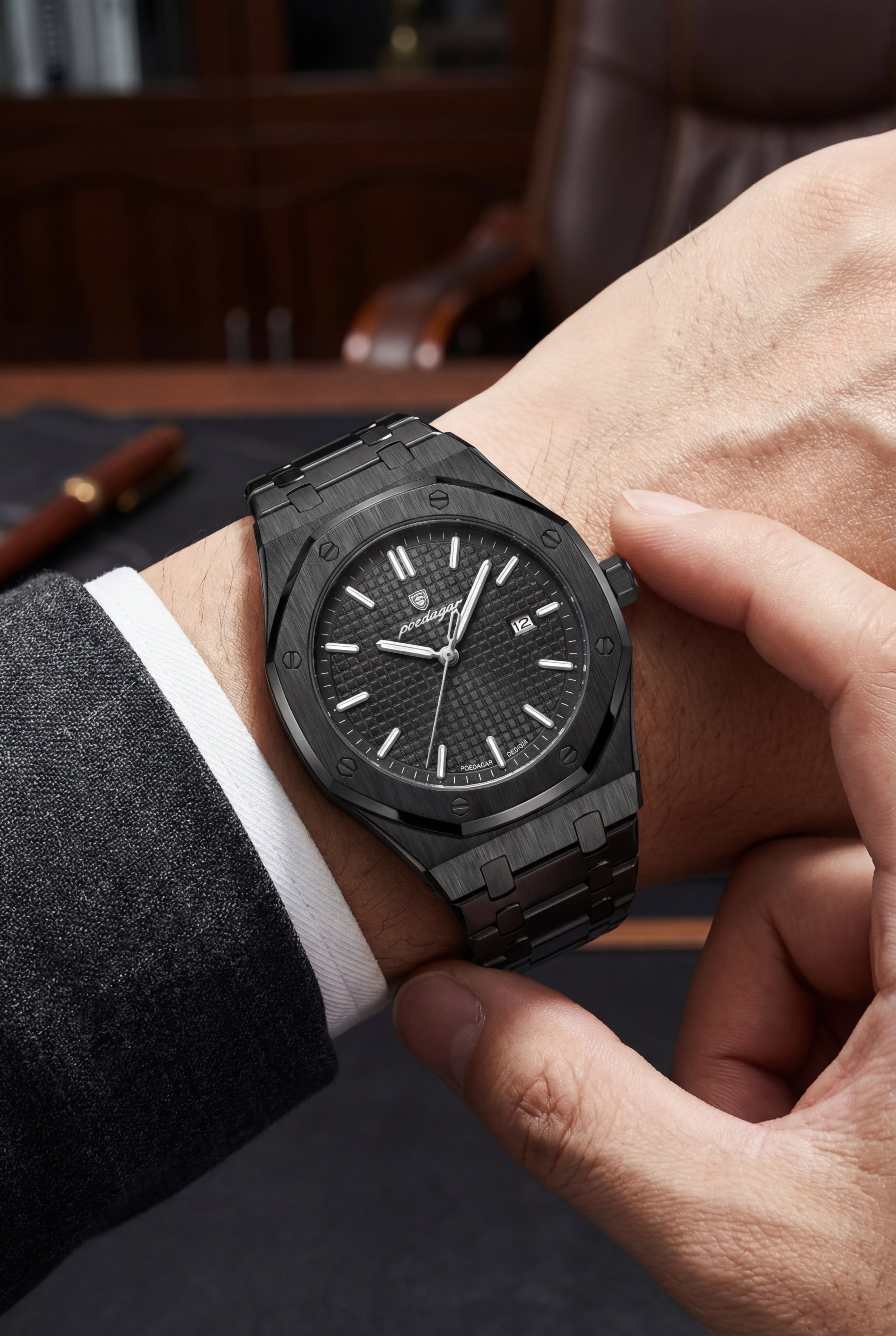 Poedagar Watch Black Steel Textured Dial