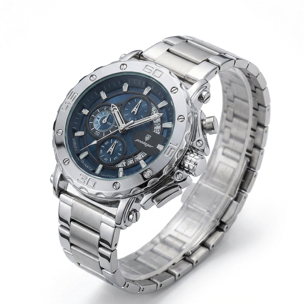 Poedagar Sports Chronograph Watch in Steel and Blue