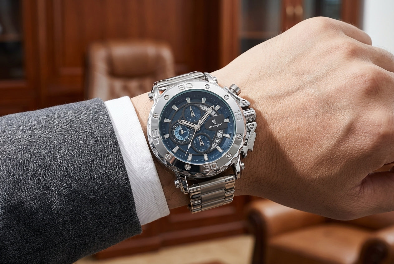 Poedagar Sports Chronograph Watch in Steel and Blue