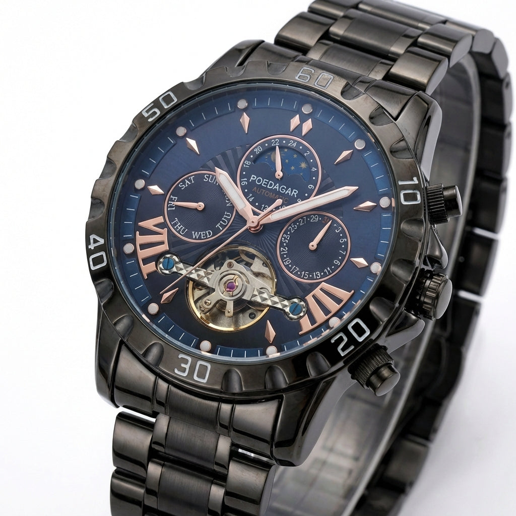 Poedagar Automatic Watch Black and Blue
