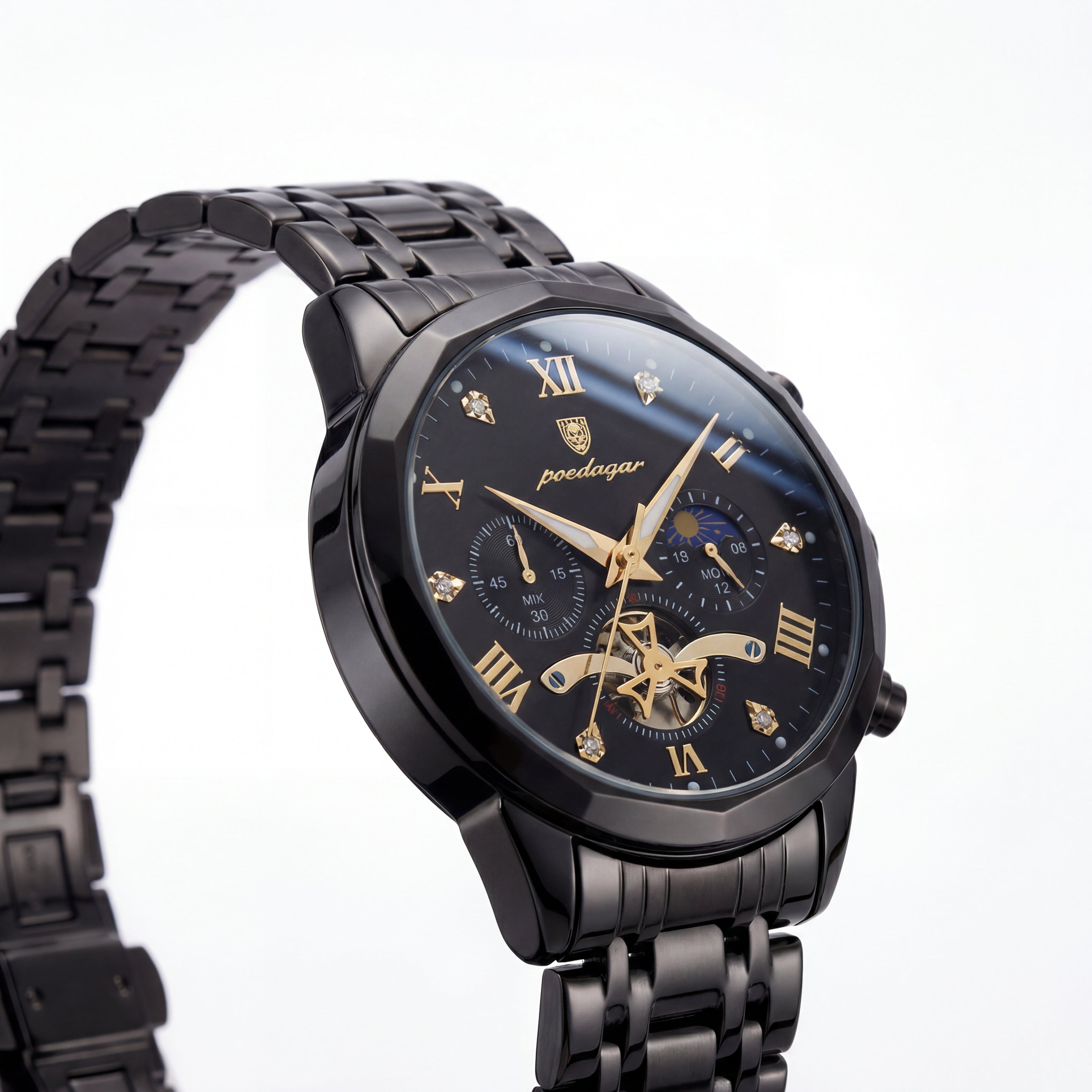 Poedagar Multifunction Watch Black and Gold
