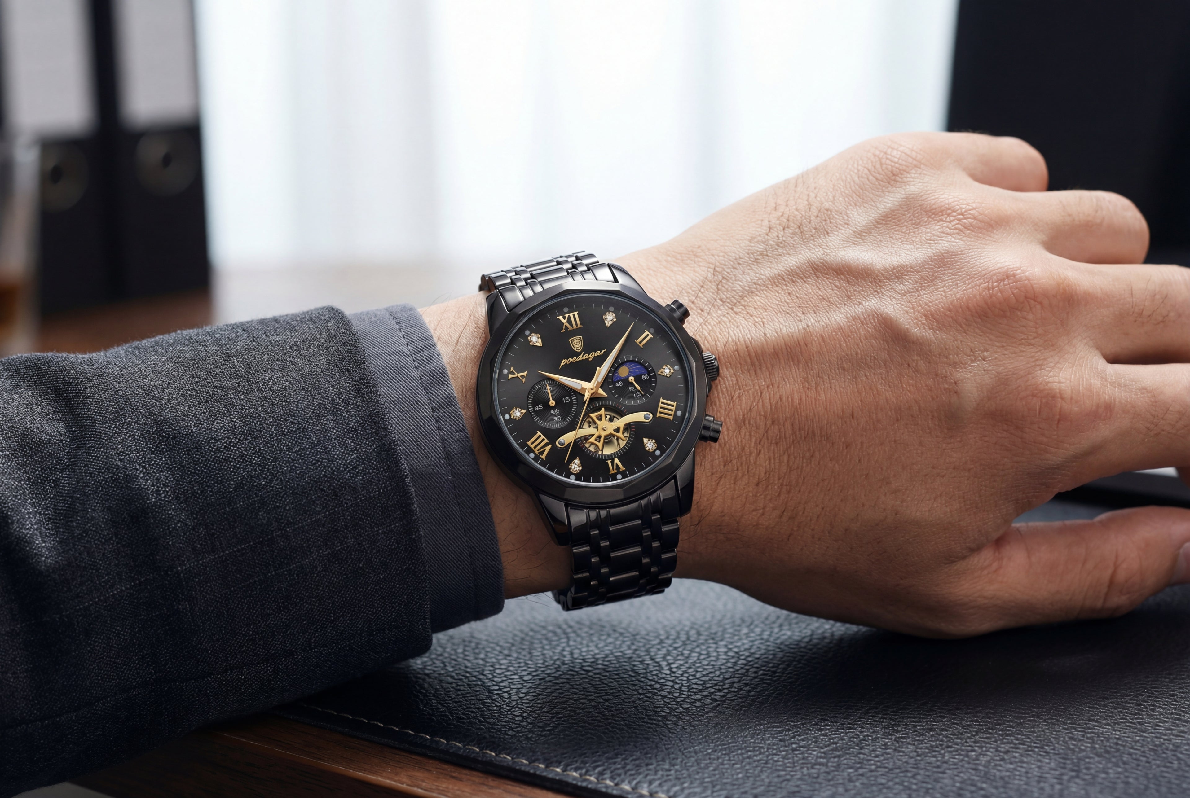 Poedagar Multifunction Watch Black and Gold