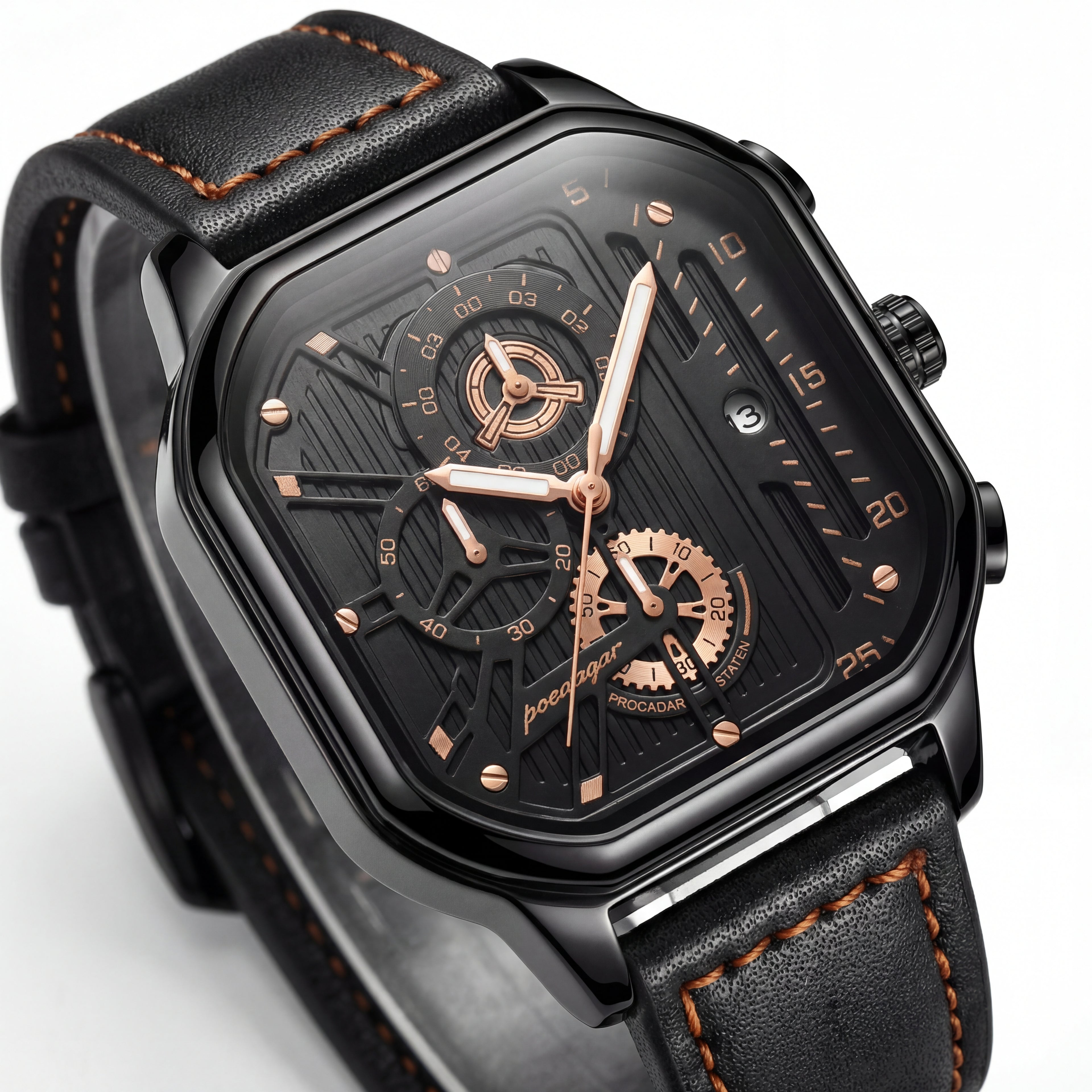 Poedagar Square Black Watch with Leather Strap