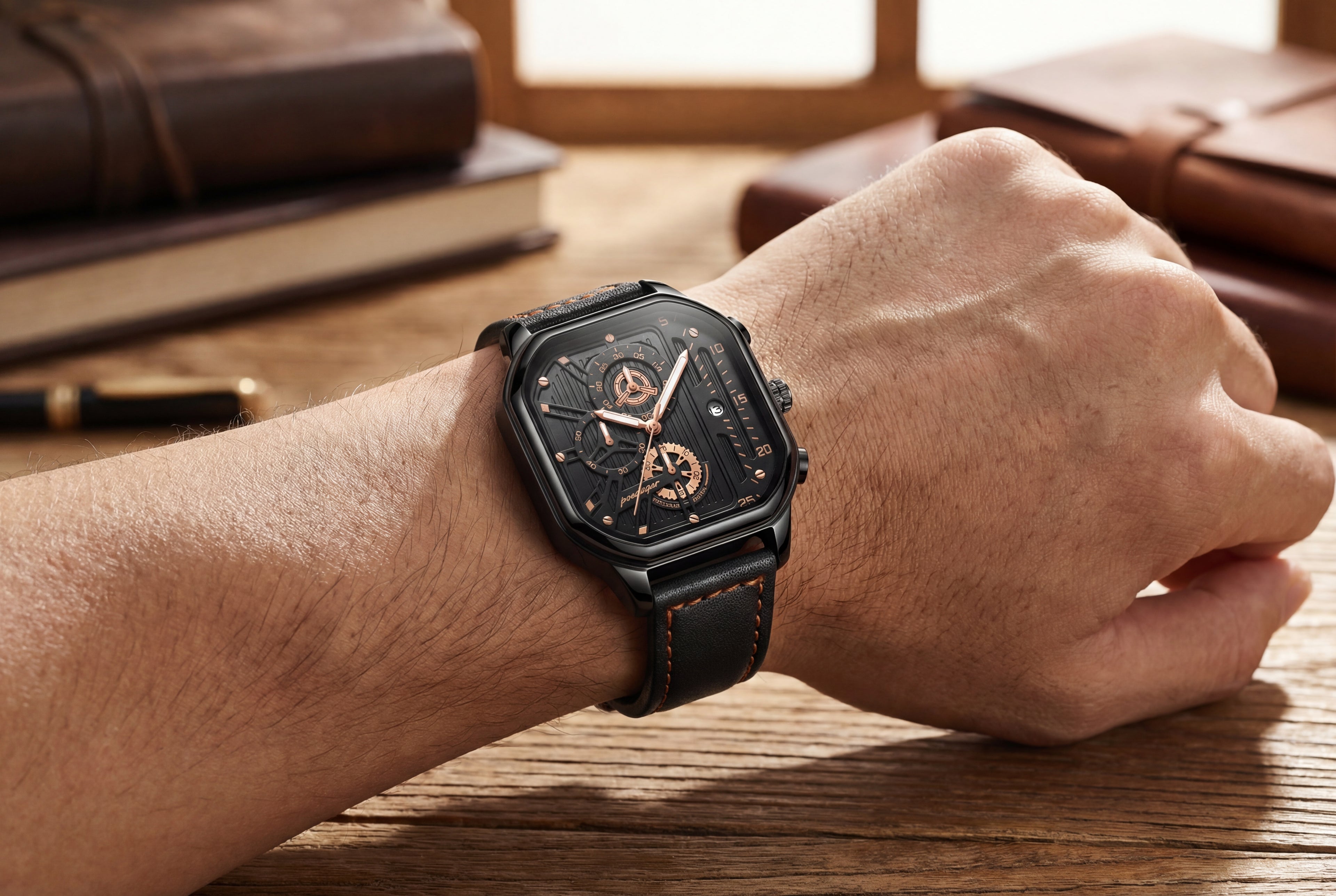 Poedagar Square Black Watch with Leather Strap