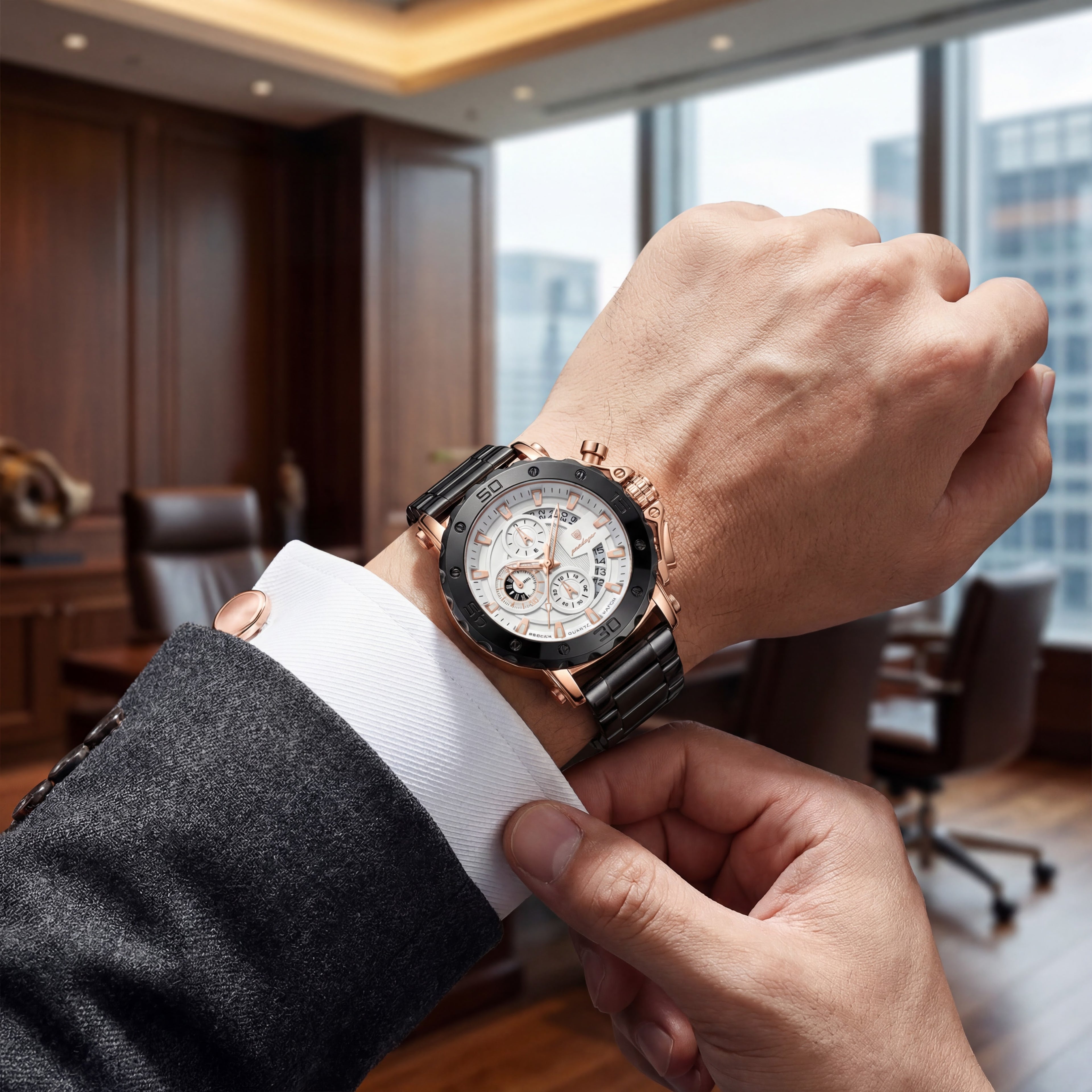 Poedagar Sports Chronograph Watch in Black and Rose Gold