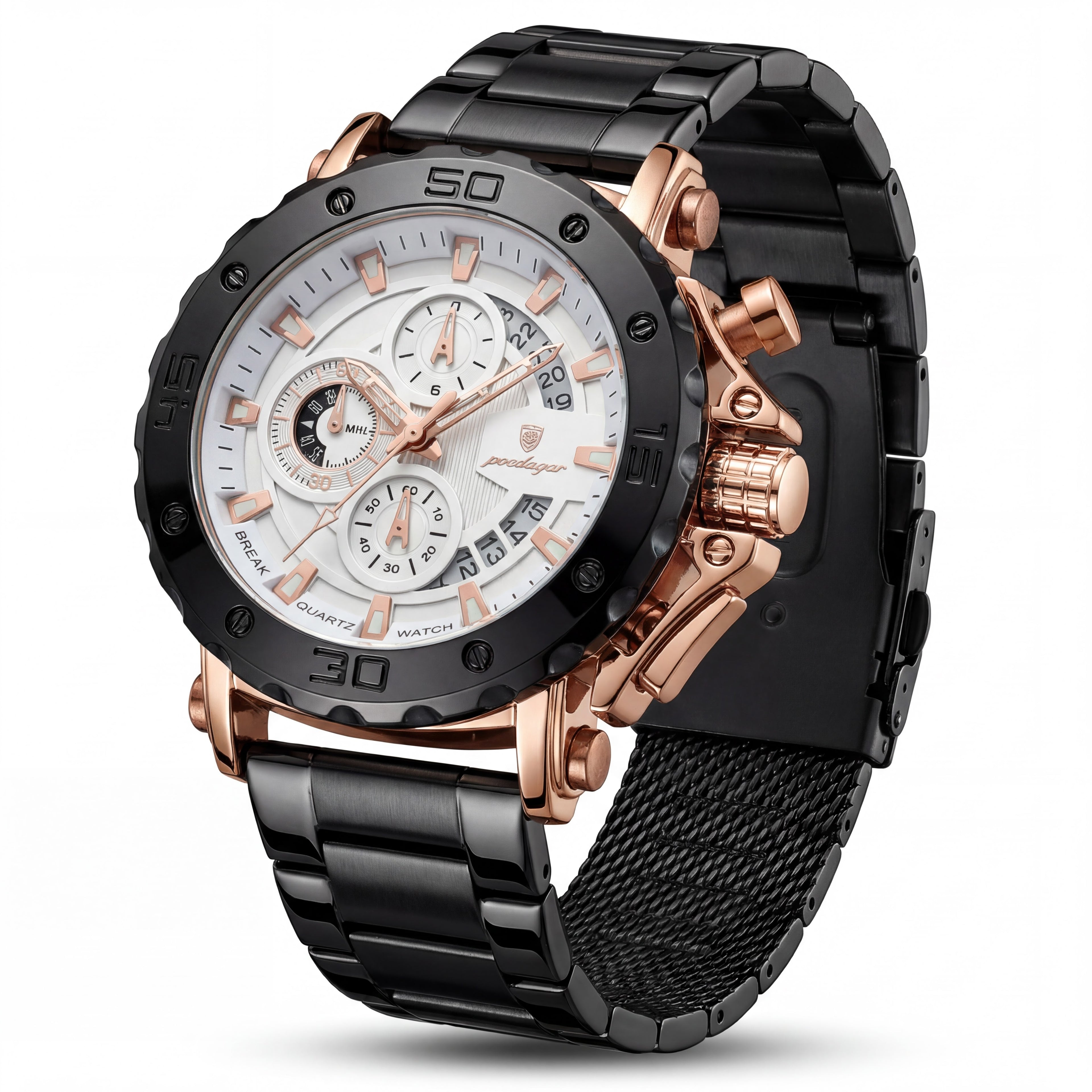 Poedagar Sports Chronograph Watch in Black and Rose Gold