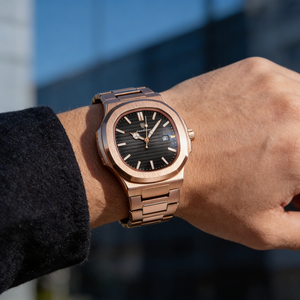 Poedagar Watch Steel Rose Gold Black Dial